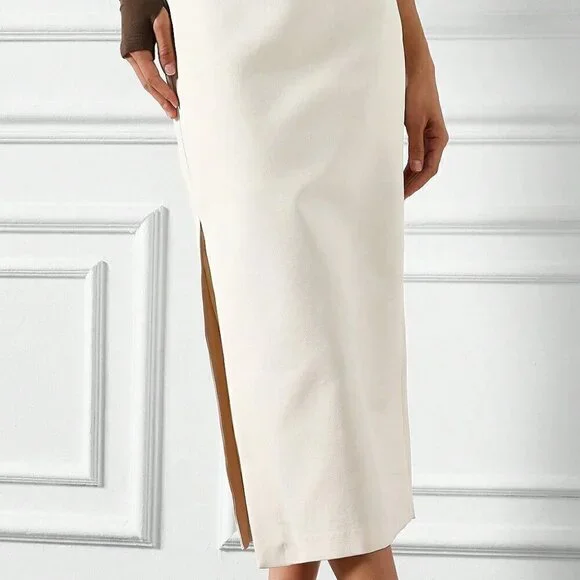 White Elegant Women's Tailored Side Slit Pencil Midi Skirt - Picture 2 of 5